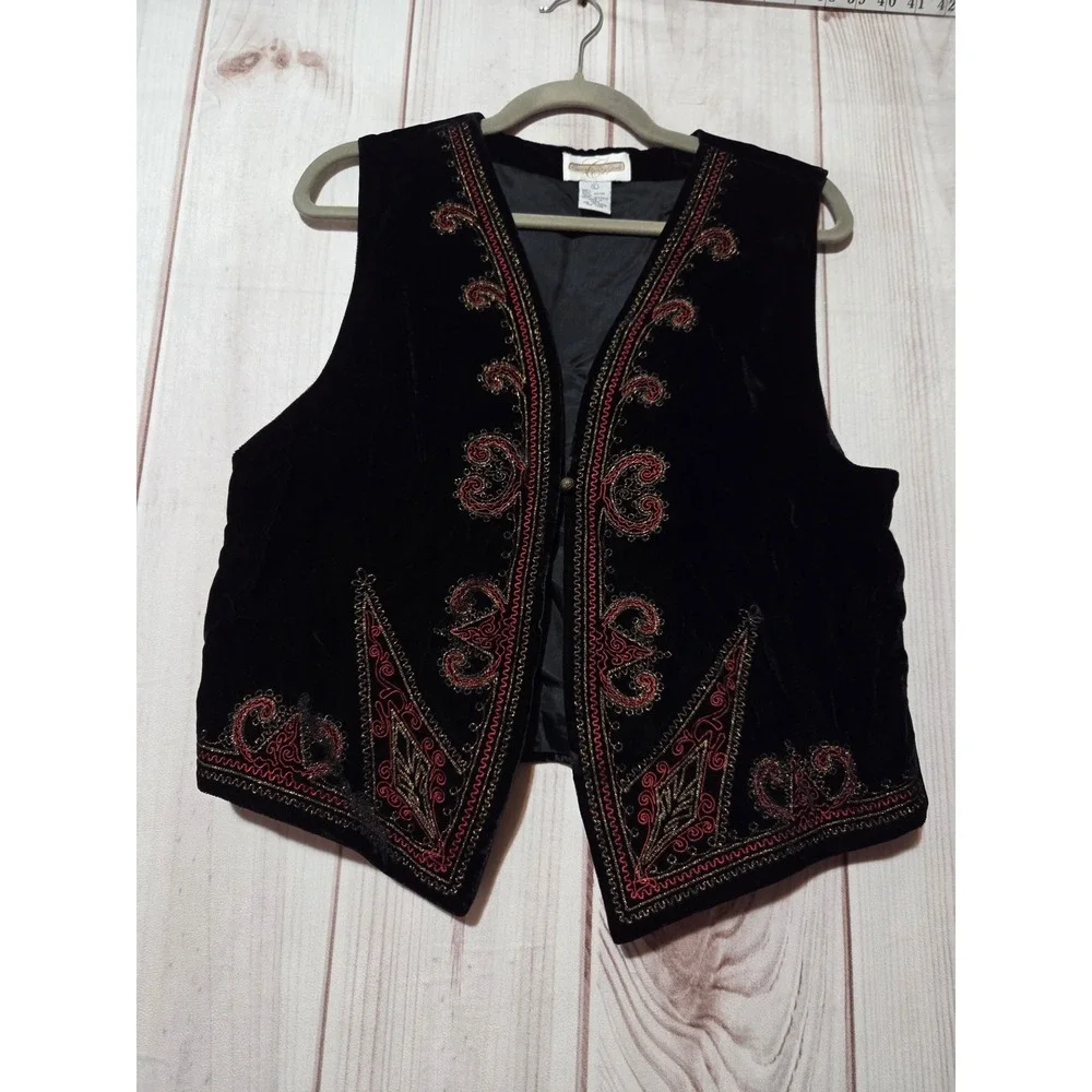 Cambridge Dry Goods Velvet Vest Women Large Black Red Gold Embroidered Boho L
